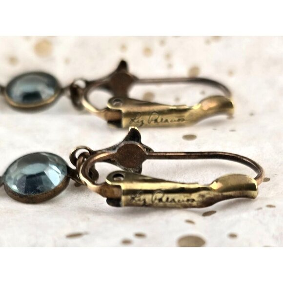 Vintage Liz Palacios Gold Tone Blue & Peach Swarovski Dangle Earrings Lever-back - Picture 4 of 9